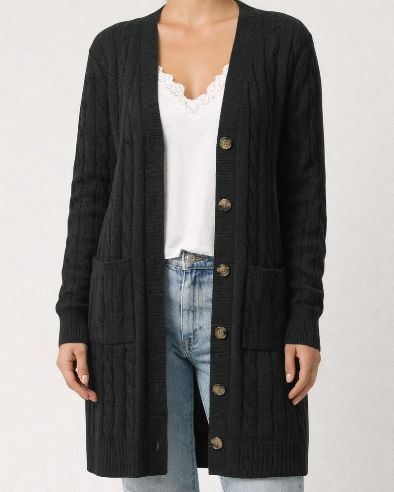 V-neck Single Breasted Pocket Solid Color Knitted Long Sweater | JRSEE:e4cfe630-6d72-4f4c-a69d-18cdad5e67c0