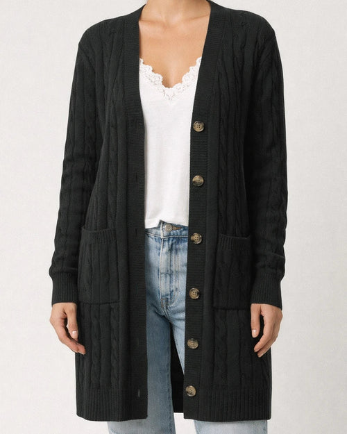 V-neck Single Breasted Pocket Solid Color Knitted Long Sweater | JRSEE:e4cfe630-6d72-4f4c-a69d-18cdad5e67c0