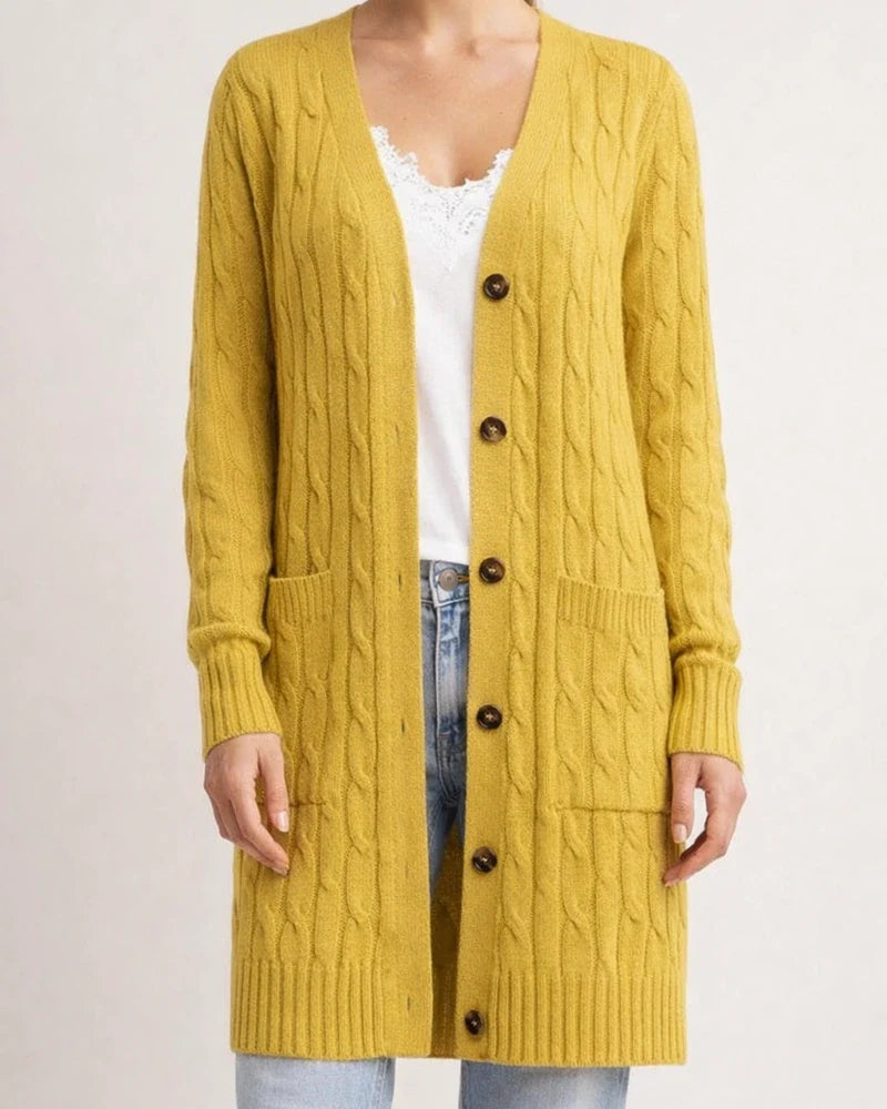 V-neck Single Breasted Pocket Solid Color Knitted Long Sweater | JRSEE:569cdd4c-01a5-4e14-b3d3-fe34b4998054