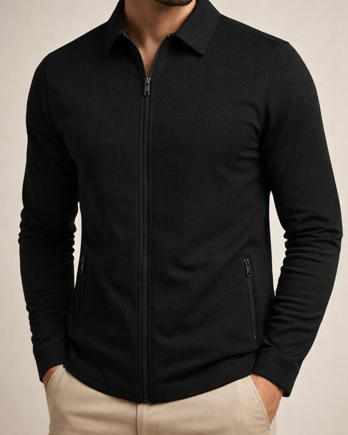 Waffle Lapel Solid Color Long Sleeve Zipper Men's Jacket Casual Polo Men's Fall Side Seam Pockets Jacket | JRSEE:5d24f415-b289-49b0-94a1-86faae8804db
