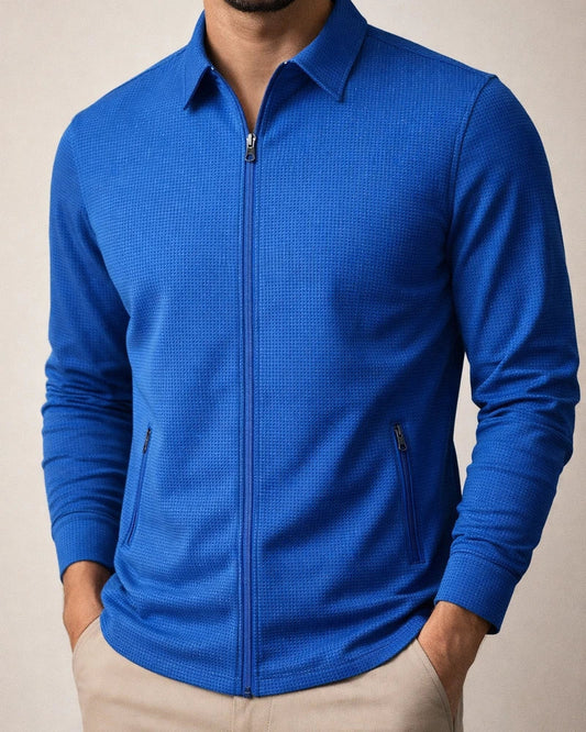 Waffle Lapel Solid Color Long Sleeve Zipper Men's Jacket Casual Polo Men's Fall Side Seam Pockets Jacket | JRSEE:f62fe5d6-8233-42a1-bc50-37077a393baa