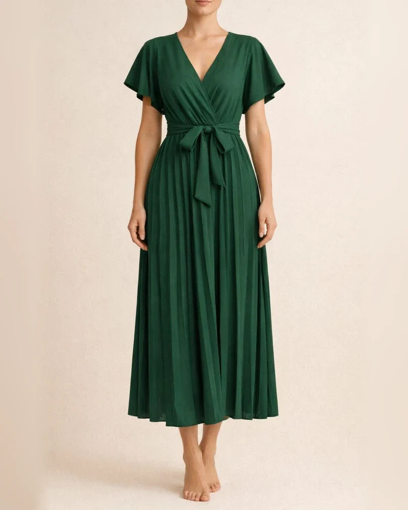 Women Casual Pleated Chiffon DressWith Lotus Leaf Sleeve Strap | JRSEE:96f32671-58f2-4a30-8dd7-c28e75356dae