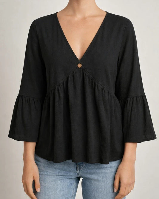 Women's 100% Cotton Solid‑Color V‑Neck Top, Spring Summer New Arrival With Ruffled 7/8 Sleeves | JRSEE:b6563c7d-14d7-4c0e-b9cc-94431f3f0765