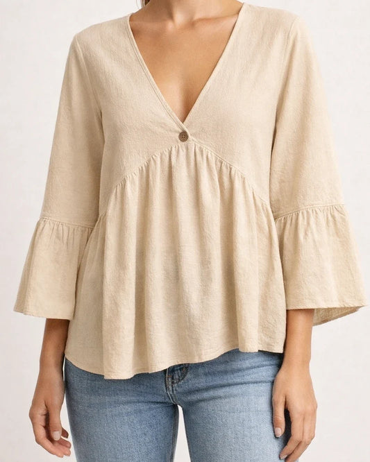 Women's 100% Cotton Solid‑Color V‑Neck Top, Spring Summer New Arrival With Ruffled 7/8 Sleeves | JRSEE:f2529f7a-92ed-4797-8153-ec254cb257b9