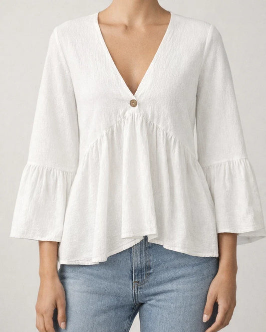 Women's 100% Cotton Solid‑Color V‑Neck Top, Spring Summer New Arrival With Ruffled 7/8 Sleeves | JRSEE:68acc27b-d206-4e95-9ea5-36578b6104bf