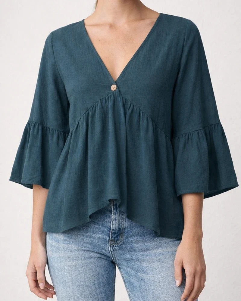 Women's 100% Cotton Solid‑Color V‑Neck Top, Spring Summer New Arrival With Ruffled 7/8 Sleeves | JRSEE:4f54a53f-3758-473d-8210-a1571ea1e080