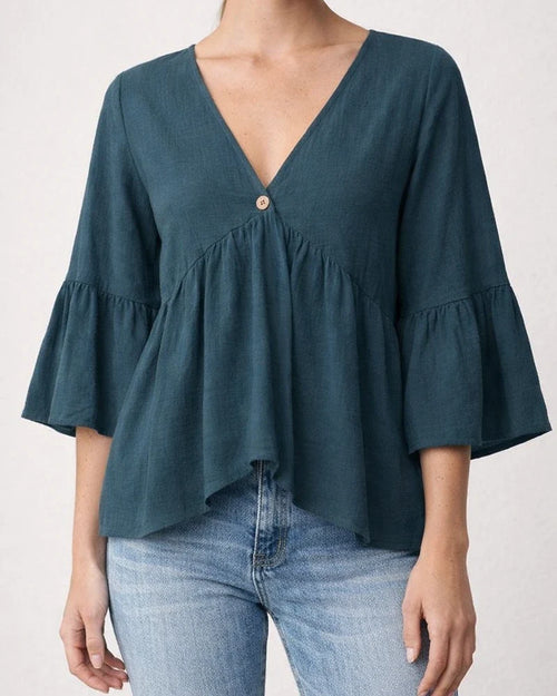 Women's 100% Cotton Solid‑Color V‑Neck Top, Spring Summer New Arrival With Ruffled 7/8 Sleeves | JRSEE:4f54a53f-3758-473d-8210-a1571ea1e080