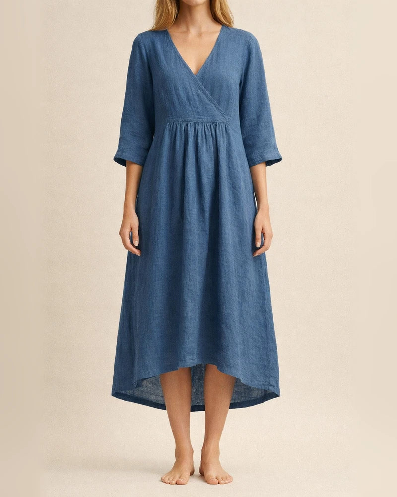 Women's Autumn Cotton Linen Wind Pure Color Seven-point Sleeve V-neck Paragraph Temperament Commuter Dress | JRSEE:1de62fde-0fc6-4a42-84cf-f6b339558050