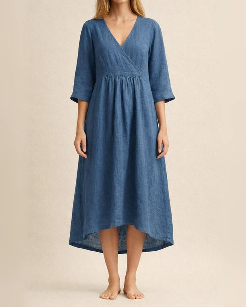 Women's Autumn Cotton Linen Wind Pure Color Seven-point Sleeve V-neck Paragraph Temperament Commuter Dress | JRSEE:1de62fde-0fc6-4a42-84cf-f6b339558050