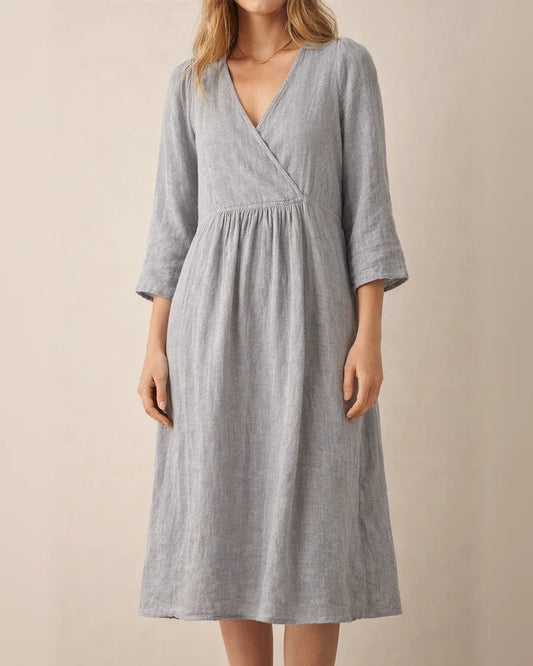 Women's Autumn Cotton Linen Wind Pure Color Seven-point Sleeve V-neck Paragraph Temperament Commuter Dress | JRSEE:2b77d04d-1e3e-4ad1-8dff-eae7d847ba71