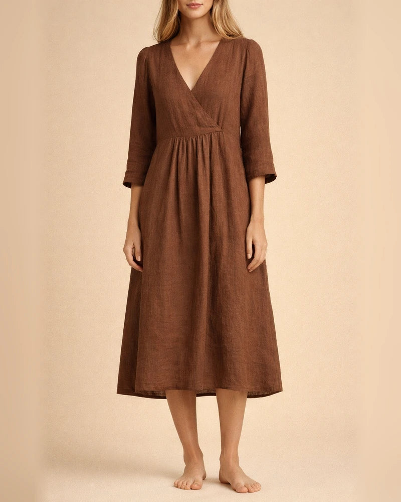 Women's Autumn Cotton Linen Wind Pure Color Seven-point Sleeve V-neck Paragraph Temperament Commuter Dress | JRSEE:44a41374-f9f4-4d15-b31a-167f5daae8ff