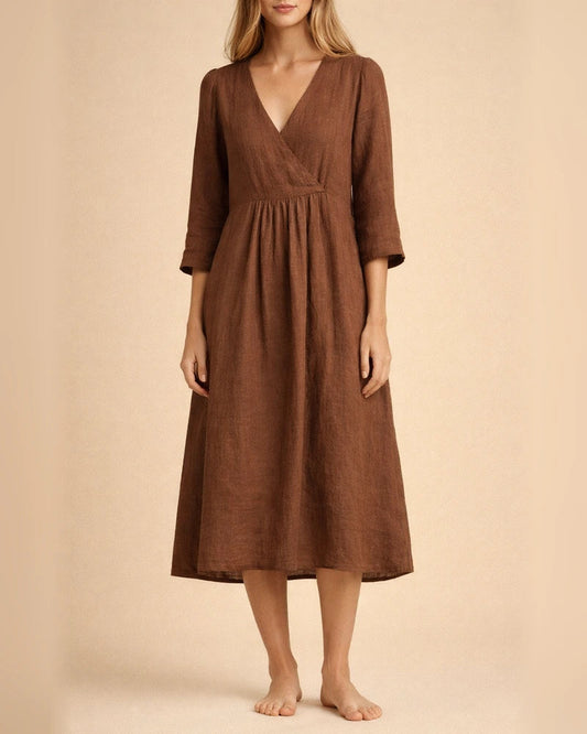 Women's Autumn Cotton Linen Wind Pure Color Seven-point Sleeve V-neck Paragraph Temperament Commuter Dress | JRSEE:44a41374-f9f4-4d15-b31a-167f5daae8ff