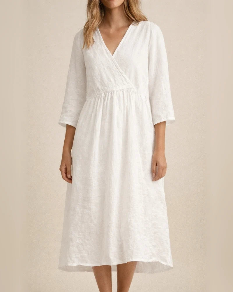 Women's Autumn Cotton Linen Wind Pure Color Seven-point Sleeve V-neck Paragraph Temperament Commuter Dress | JRSEE:823a4820-65f1-4d30-8d08-2f193671248f
