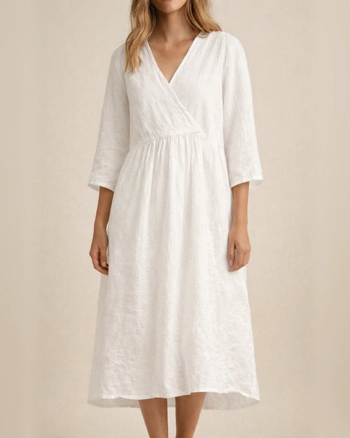 Women's Autumn Cotton Linen Wind Pure Color Seven-point Sleeve V-neck Paragraph Temperament Commuter Dress | JRSEE:823a4820-65f1-4d30-8d08-2f193671248f