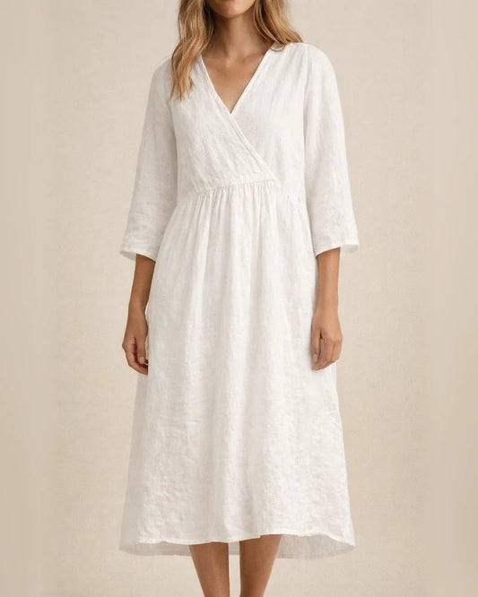 Women's Autumn Cotton Linen Wind Pure Color Seven-point Sleeve V-neck Paragraph Temperament Commuter Dress | JRSEE:823a4820-65f1-4d30-8d08-2f193671248f