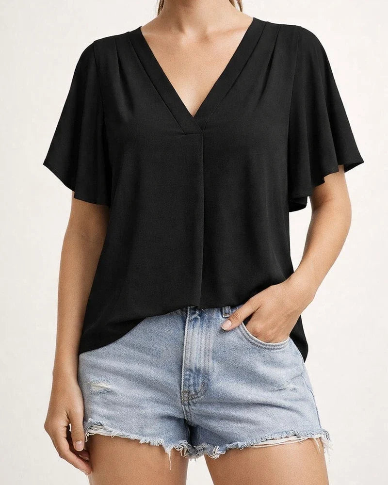 Women's Blouse Chiffon Solid / Plain Color Basic V Neck Flare Cuff Sleeve Summer Light Blue Black White Pink Navy Blue | JRSEE:4d3254c1-6de7-4cc4-9517-7dba2cd9f89a