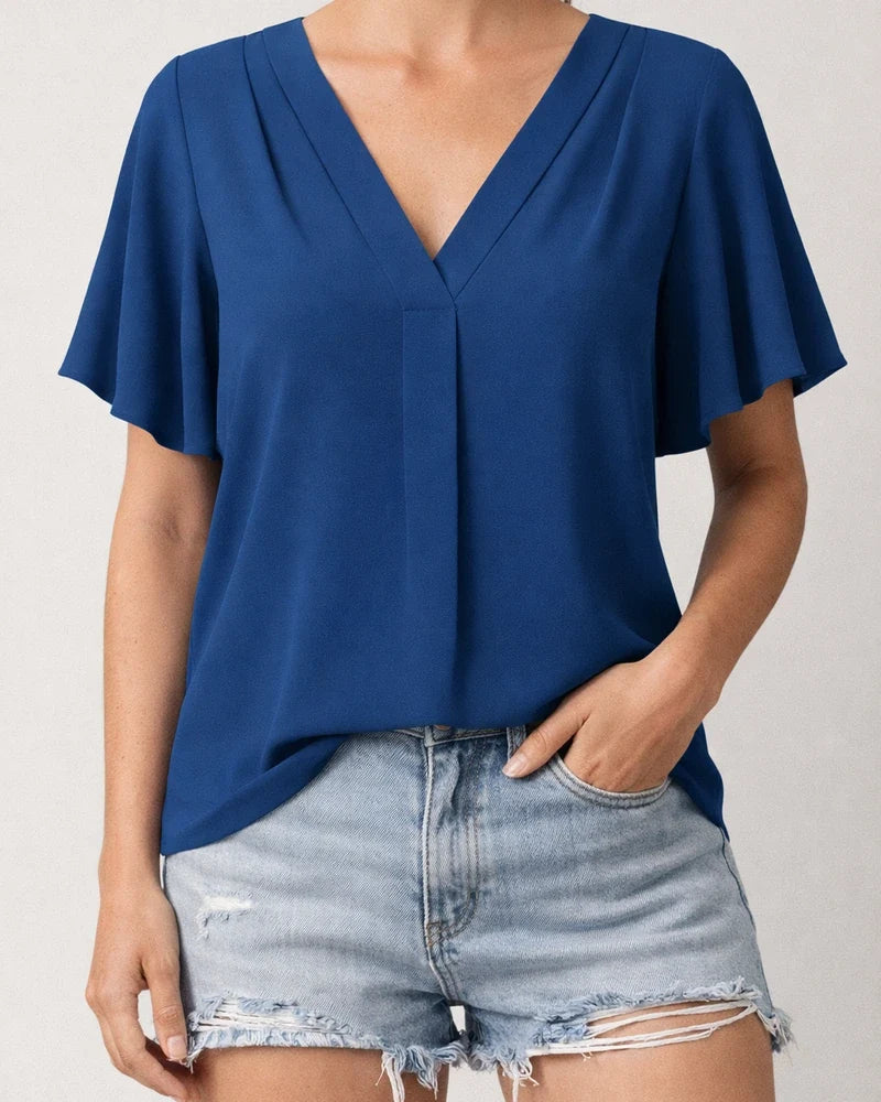 Women's Blouse Chiffon Solid / Plain Color Basic V Neck Flare Cuff Sleeve Summer Light Blue Black White Pink Navy Blue | JRSEE:bbe095b0-c733-4d88-b656-de98657b02e3