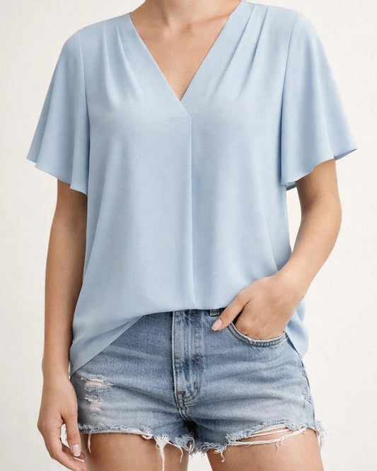 Women's Blouse Chiffon Solid / Plain Color Basic V Neck Flare Cuff Sleeve Summer Light Blue Black White Pink Navy Blue | JRSEE:a1a6836b-0272-492b-b11d-37f62d1d0158