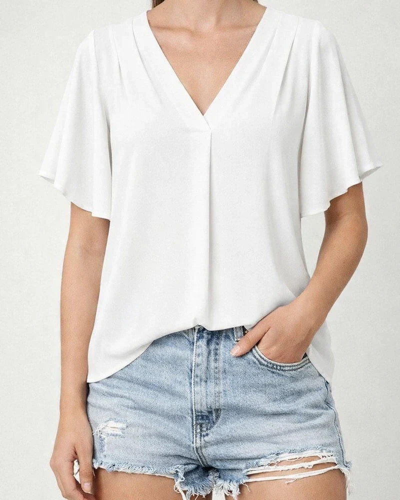Women's Blouse Chiffon Solid / Plain Color Basic V Neck Flare Cuff Sleeve Summer Light Blue Black White Pink Navy Blue | JRSEE:9f08687d-d0fb-4d95-8f87-ed91f18717ee