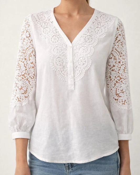 Women's Blouse Plain Casual Daily Work Blouse Shirt Long Sleeve Lace V Neck Basic Vintage White | JRSEE:40e309e4-c3e5-4dce-89fc-2dafbfa71a33