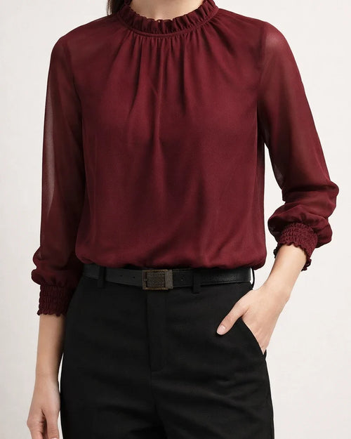 Women's Blouse Shirt Eyelet top Wine Green Blue Mesh See Through Long Sleeve Work Basic Business Casual Regular Regular Fit Lantern Sleeve | JRSEE:4f399810-9cde-466f-b592-05d4a9d9cdfd