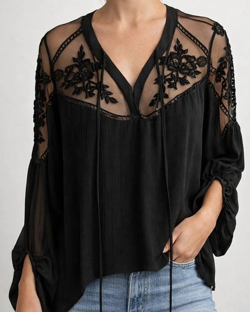 Women's Blouse Shirt Solid Colored Plain Long Sleeve Mesh Lace V Neck Tops Loose Basic Top White Black-0203815 | JRSEE:0a87c996-e64e-48fd-b0be-d662fe7bdc5e