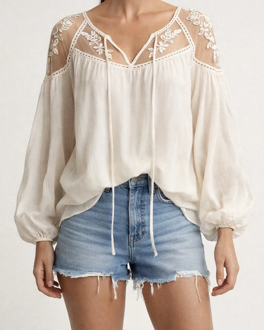 Women's Blouse Shirt Solid Colored Plain Long Sleeve Mesh Lace V Neck Tops Loose Basic Top White Black-0203815 | JRSEE:7ee6712b-4896-46a6-a57f-8e1bc3e24dcb