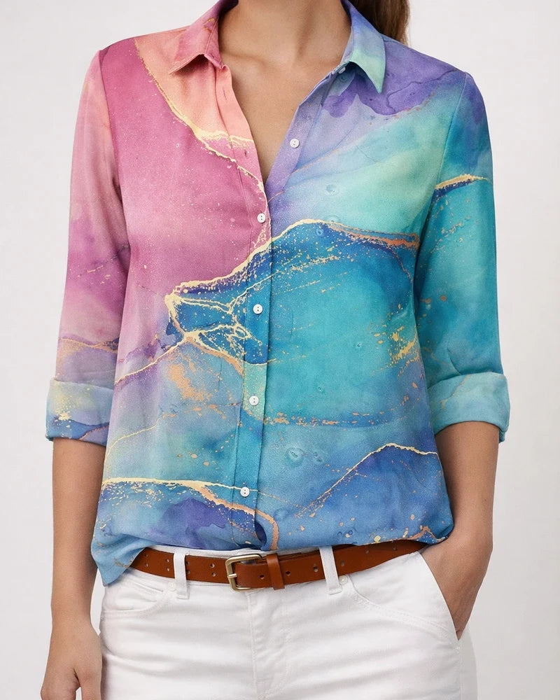 Women's Blouse Shirt Tunic Green Graphic Abstract Button Print Long Sleeve Holiday Weekend Streetwear Casual Standing Collar Regular Floral | JRSEE:28c11743-1473-4807-a6ac-8607ae015385