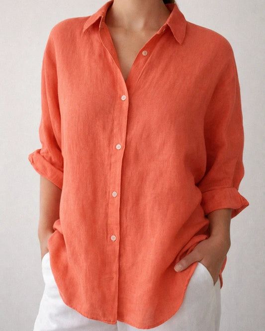 Women's Buttons Long-sleeved Shirt Cotton and Linen Solid Color Lapel Loose Shirt Casual Shirt | JRSEE:d6674800-9c60-4fd0-91c3-33a663075a02