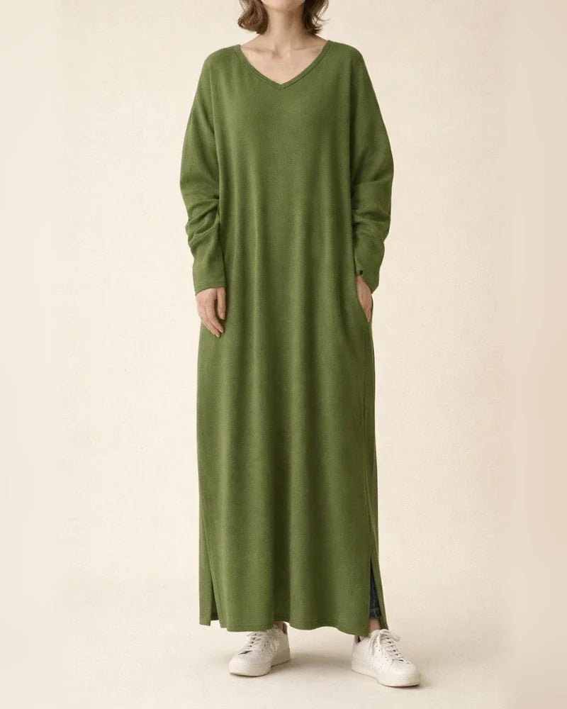 Women's Casual Dress T Shirt Dress Tee Dress Shift Dress Long Dress Maxi Dress Black Army Green Gray Long Sleeve Pure Color Split Winter Fall Spring V Neck Basic Winter Dress Daily Vacation Loose Fit | JRSEE:2312ebc9-810d-4dd3-865a-1503dd5fc254
