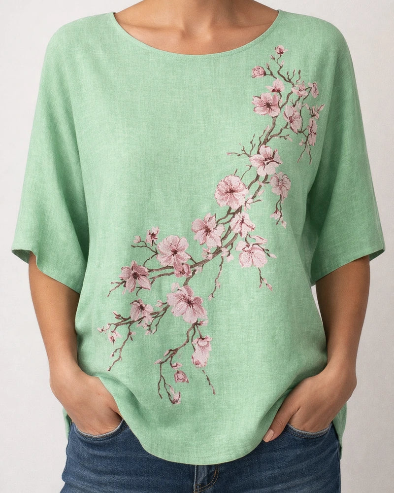 Women's Casual Top 3D Botanical Floral Print Three-Quarter Sleeve Slub Linen Shirt | JRSEE:3e2a1a80-eb58-46cf-bba2-2fe600f0098a