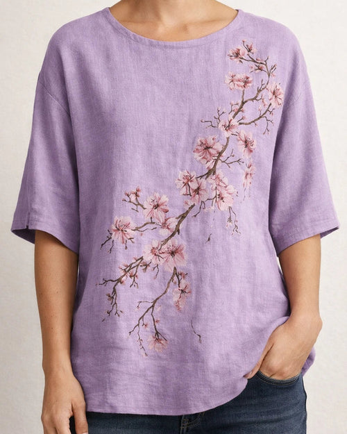 Women's Casual Top 3D Botanical Floral Print Three-Quarter Sleeve Slub Linen Shirt | JRSEE:0041af64-9fb5-4ea5-b531-6dfc1e59a574