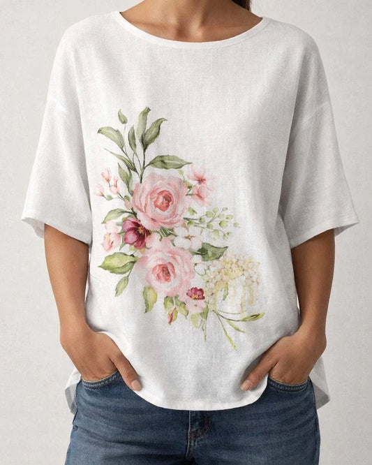 Women's Casual Top 3D Botanical Floral Print Three-Quarter Sleeve Slub Linen Shirt | JRSEE:54d4e48d-1938-4f9f-98f4-71ae03221ccf
