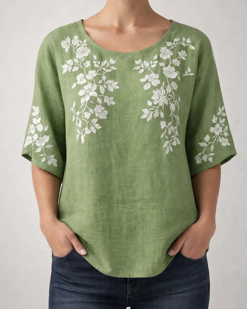 Women's Casual Top 3D Botanical Floral Print Three-Quarter Sleeve Slub Linen Shirt | JRSEE:e34adbdd-d5ce-461b-97f5-693fb3b79417