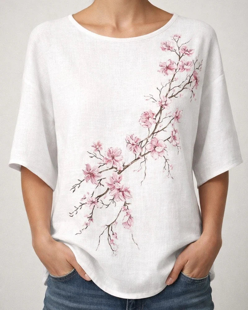 Women's Casual Top 3D Botanical Floral Print Three-Quarter Sleeve Slub Linen Shirt | JRSEE:cce6abc8-713c-424e-8e4f-da8f081eeaad