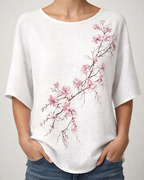 Women's Casual Top 3D Botanical Floral Print Three-Quarter Sleeve Slub Linen Shirt | JRSEE:cce6abc8-713c-424e-8e4f-da8f081eeaad