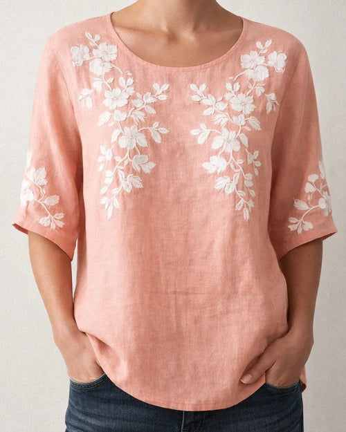 Women's Casual Top 3D Botanical Floral Print Three-Quarter Sleeve Slub Linen Shirt | JRSEE:e5598e91-d2ec-4756-933c-1bd324409dc8