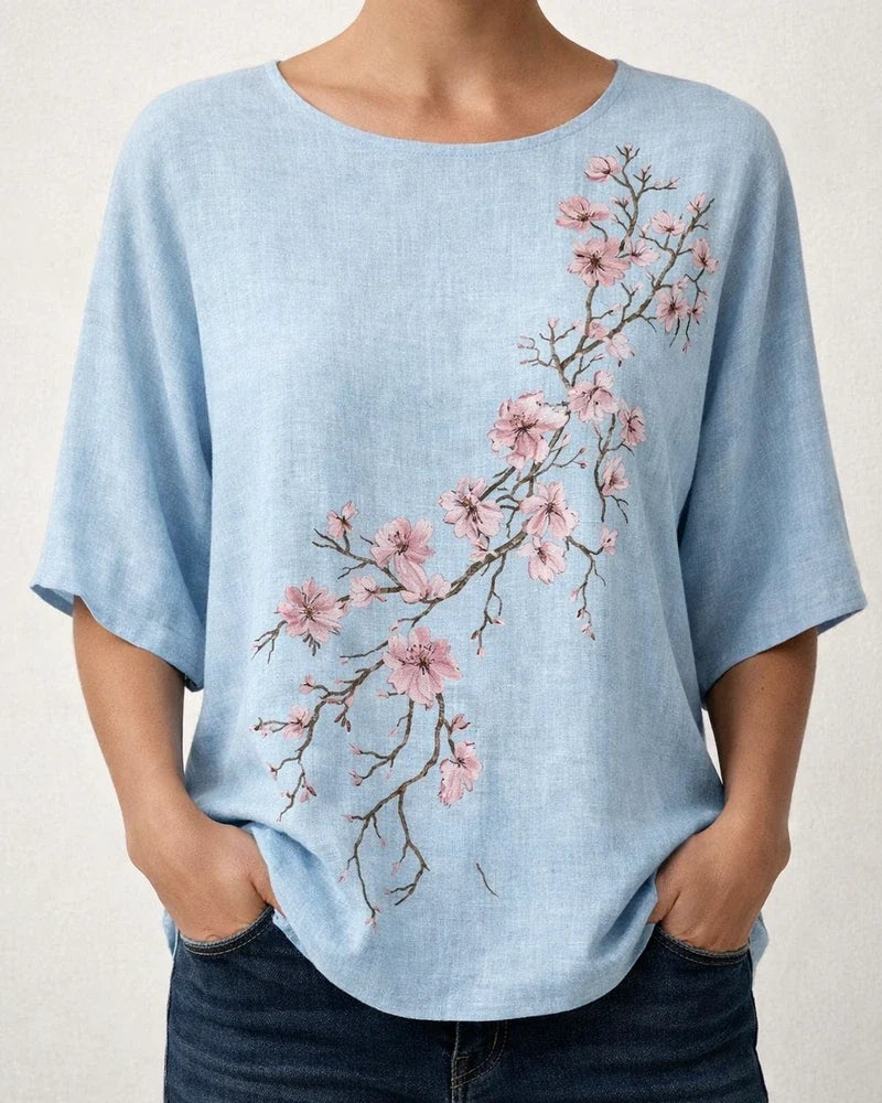 Women's Casual Top 3D Botanical Floral Print Three-Quarter Sleeve Slub Linen Shirt | JRSEE:4d467e59-c395-47b3-9e56-e16dd8eedc91