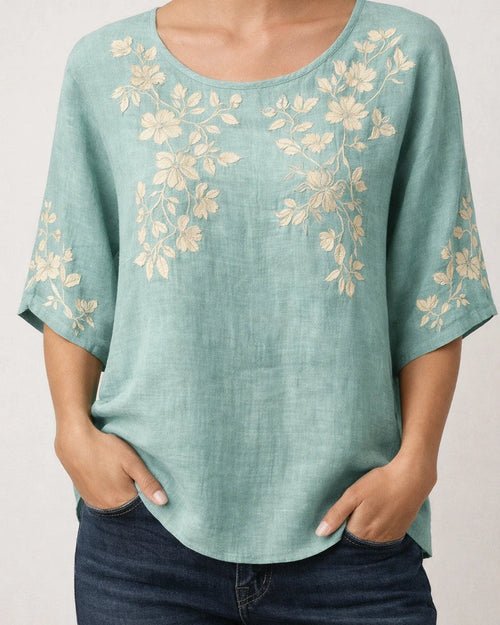 Women's Casual Top 3D Botanical Floral Print Three-Quarter Sleeve Slub Linen Shirt | JRSEE:972ff5f3-4a61-490b-ba58-f03a4311ff03