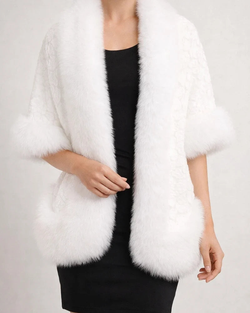 Women's Coat Cloak / Capes Wedding Daily Winter Fall Regular Coat V Neck Regular Fit Windproof Warm Basic Jacket Half Sleeve Neutral Faux Fur Trim Black Red Gray / Lined | JRSEE:19653b64-86f3-4414-a489-563d916e1a9f