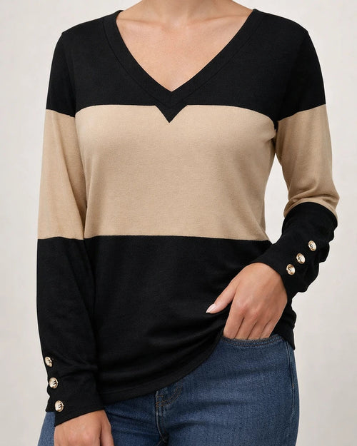Women's Color-Block Long-Sleeve T-Shirt with Buttons & V-Neck Top | JRSEE:cc2eb67f-ae3b-46d6-b0c1-5abf7253cf30