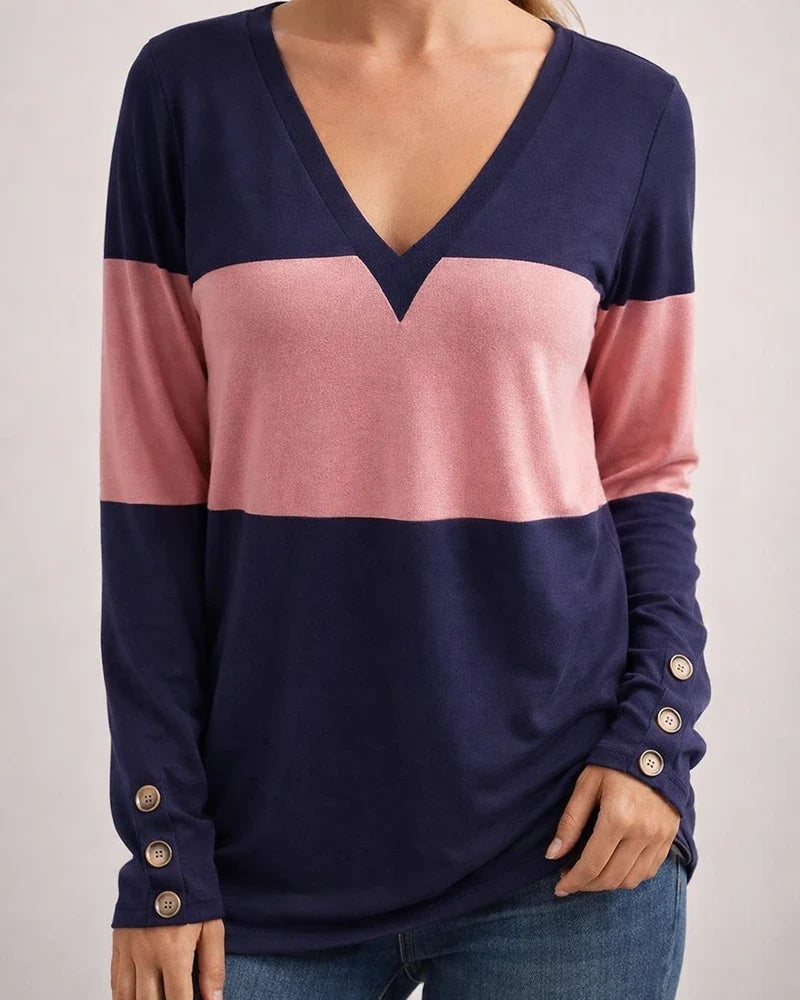 Women's Color-Block Long-Sleeve T-Shirt with Buttons & V-Neck Top | JRSEE:df78ad78-d2de-41a3-b74c-42606edf0f38