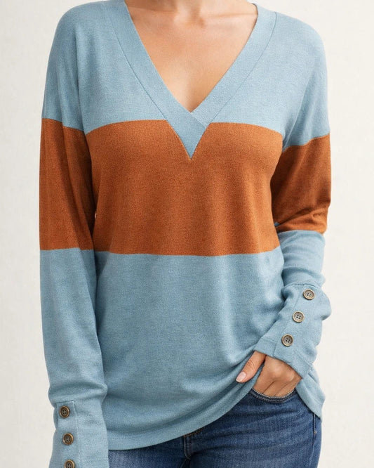 Women's Color-Block Long-Sleeve T-Shirt with Buttons & V-Neck Top | JRSEE:c1bf9631-bdec-4ed5-967d-96cd75336f57