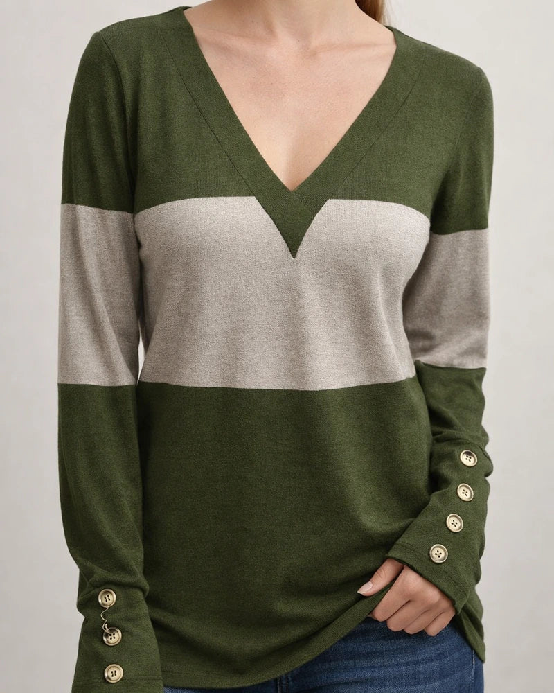 Women's Color-Block Long-Sleeve T-Shirt with Buttons & V-Neck Top | JRSEE:f4ab46bb-82d2-414e-a1f1-4e7555c58ba5
