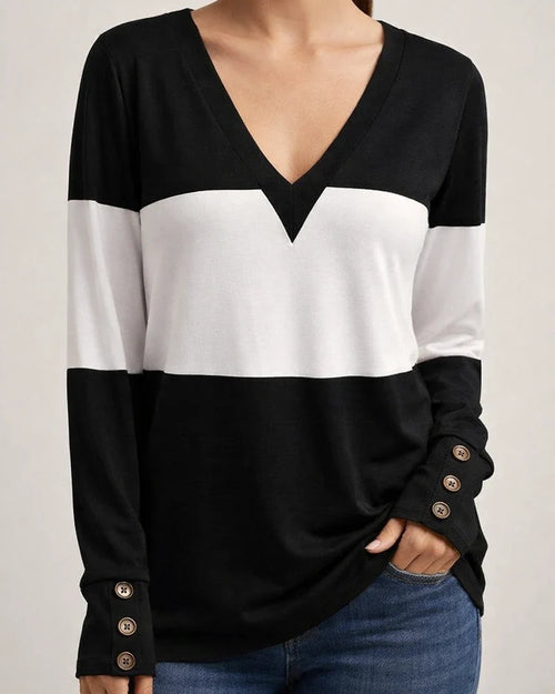 Women's Color-Block Long-Sleeve T-Shirt with Buttons & V-Neck Top | JRSEE:4210d403-0ab8-480e-acb2-57026f7a8da8