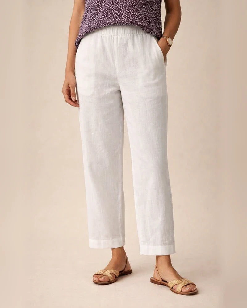 Women's Cotton Linen Loose Solid Color Elastic Waist Straight Casual Pants Plus Size Nine Pants | JRSEE:f56fe63e-4447-4e73-831d-9ee6502e1e12
