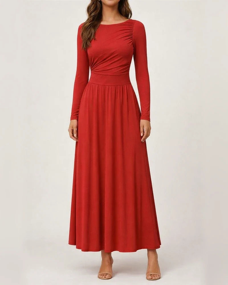 Women's Crew Neck Pleated Slim-Fit Long Sleeve Knit Dress with Waist Cinching | JRSEE:8cb98408-5b21-4f28-8cd3-b70506c44618
