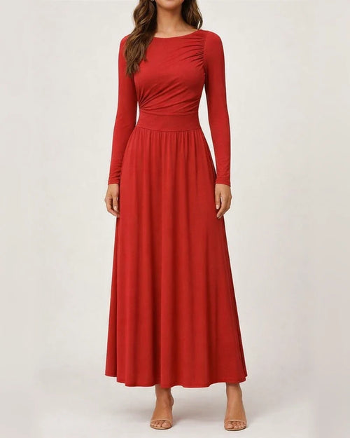 Women's Crew Neck Pleated Slim-Fit Long Sleeve Knit Dress with Waist Cinching | JRSEE:8cb98408-5b21-4f28-8cd3-b70506c44618
