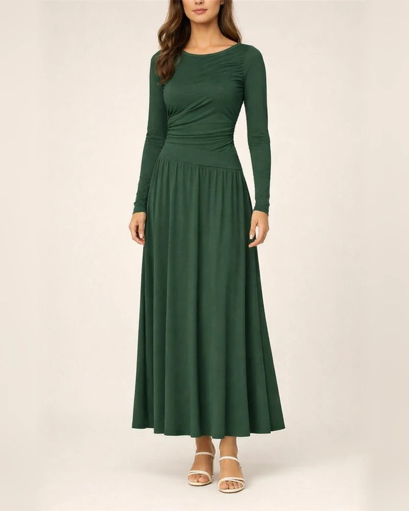 Women's Crew Neck Pleated Slim-Fit Long Sleeve Knit Dress with Waist Cinching | JRSEE:9b89603d-a343-4189-9cb0-e86fa16b10d6