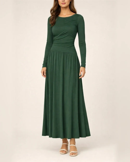 Women's Crew Neck Pleated Slim-Fit Long Sleeve Knit Dress with Waist Cinching | JRSEE:9b89603d-a343-4189-9cb0-e86fa16b10d6